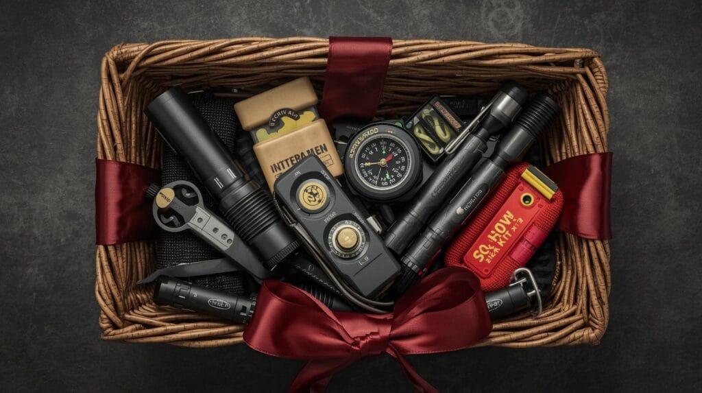 Kosz prezentowy wypełniony męskimi gadżetami: nóż wielofunkcyjny, latarka taktyczna, lornetka i replika ASG - idealne pomysły na prezent z Broń.pl.