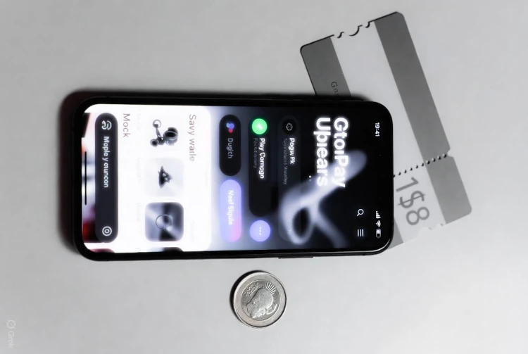 Makrofotografia smartfona z interfejsem Surveoo, karta podarunkowa i moneta - zarabianie na platformie Surveoo