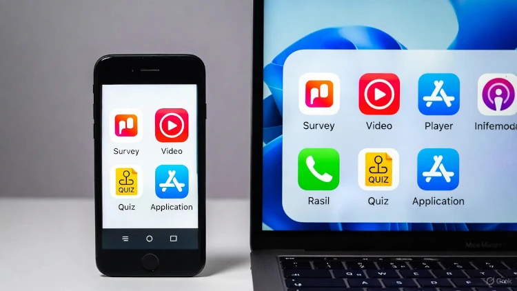 Różnorodne zadania na Surveoo: ikony ankiet, quizów, odtwarzania wideo i testowania aplikacji na ekranie urządzenia