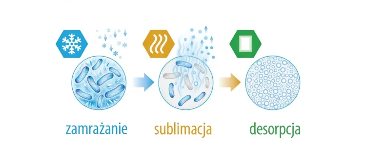schemat procesu liofilizacji karmy dla zwierząt – zamrażanie i sublimacja lodu