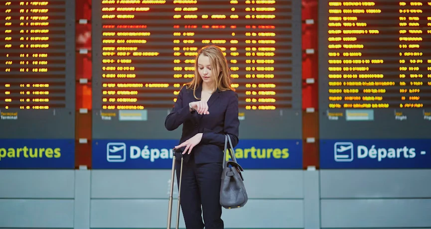 Tablica odlotów na lotnisku pokazująca opóźniony lot – pasażerowie czekają na informację