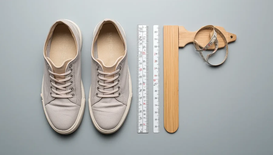 Poradnik jak dobrać rozmiar butów online – cztery lewe buty (sneakers, skórzane, trekkingowe, mokasyny) z żółtą miarką krawiecką i drewnianą linijką na beżowym tle. Brak logo marek. Artykuł o tabelach rozmiarów New Balance, Adidas, Crocs i Merrell.