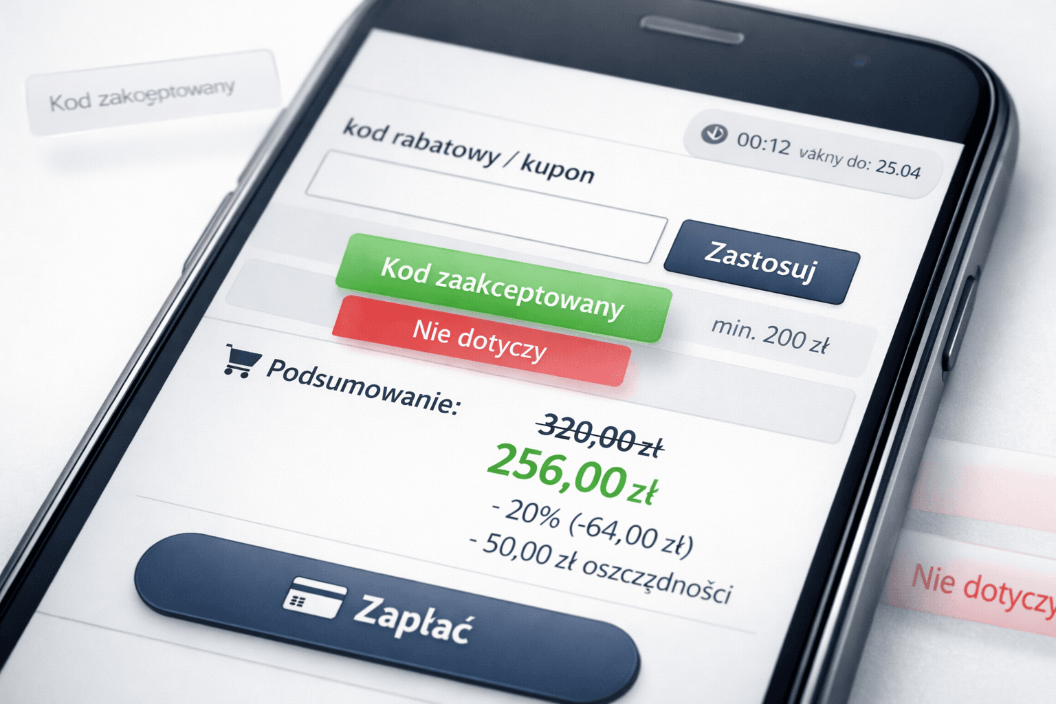 Smartfon z ekranem płatności i kodem rabatowym; jak działają kody rabatowe, przycisk Zastosuj i zniżka