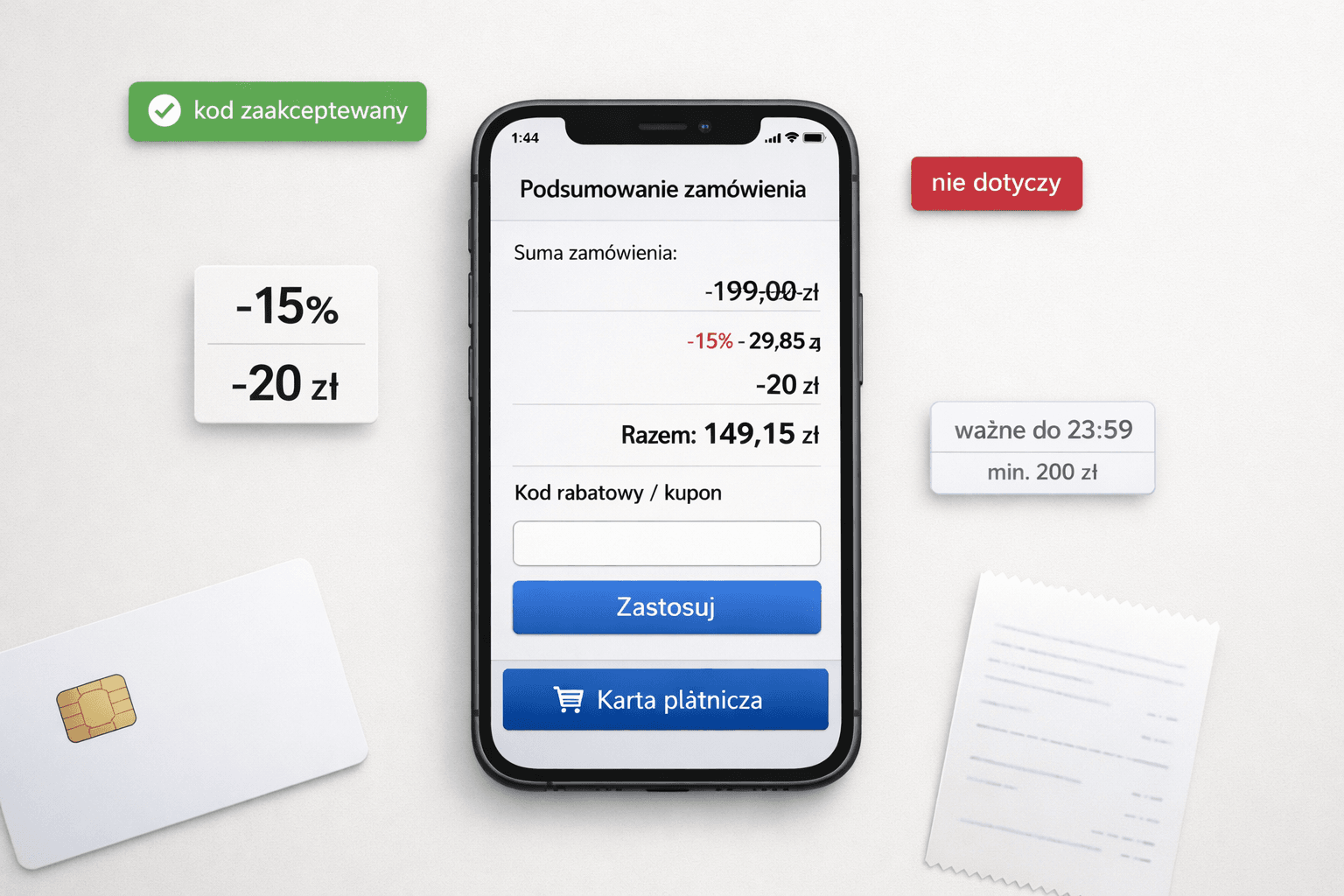 Smartfon z checkoutem i kuponem – jak działają kody rabatowe, przycisk Zastosuj i rabat na ekranie