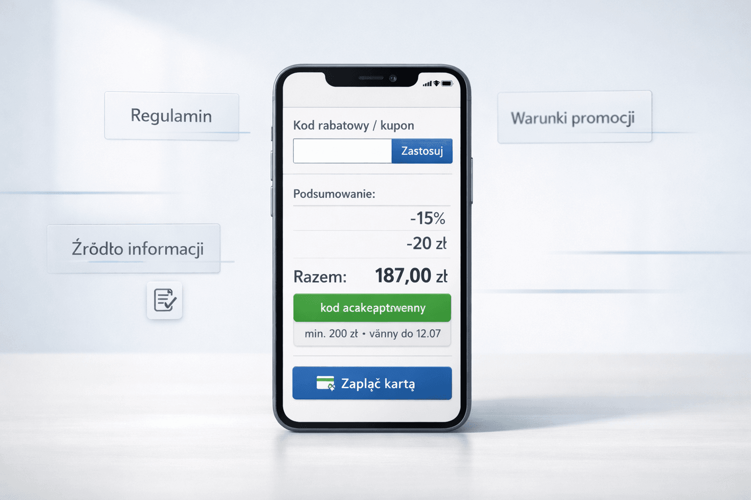 Smartfon z checkoutem – jak działają kody rabatowe, widoczny kod, Zastosuj i rabat