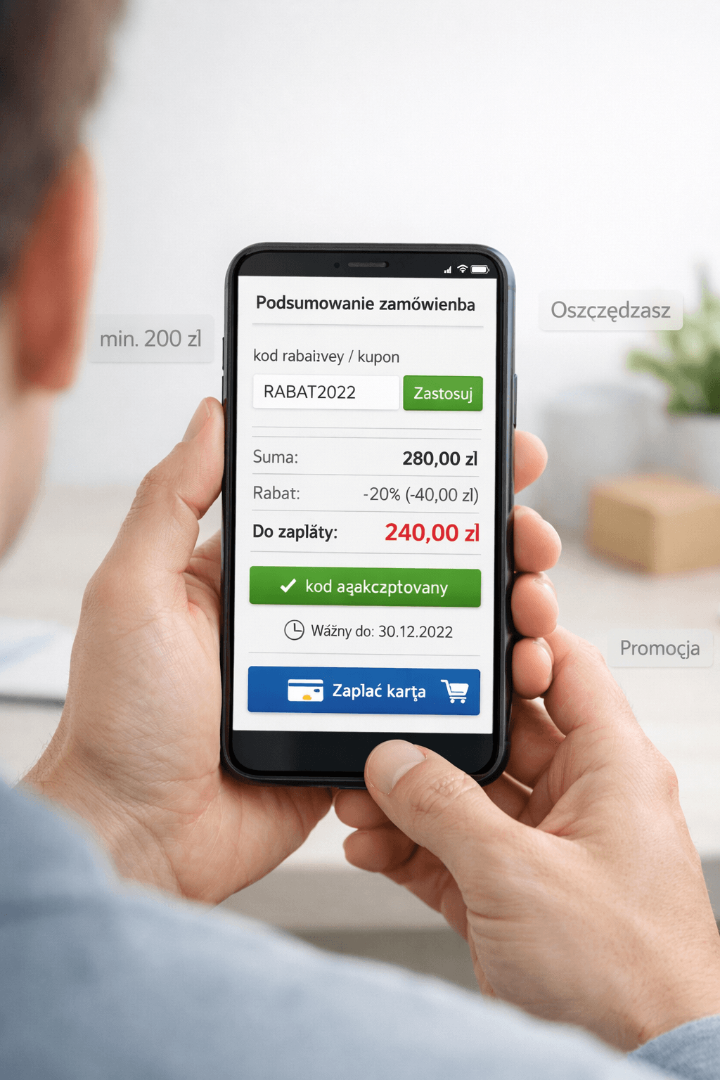 Smartfon z polskim checkoutem e-commerce, kodem rabatowym i hasłem jak działają kody rabatowe