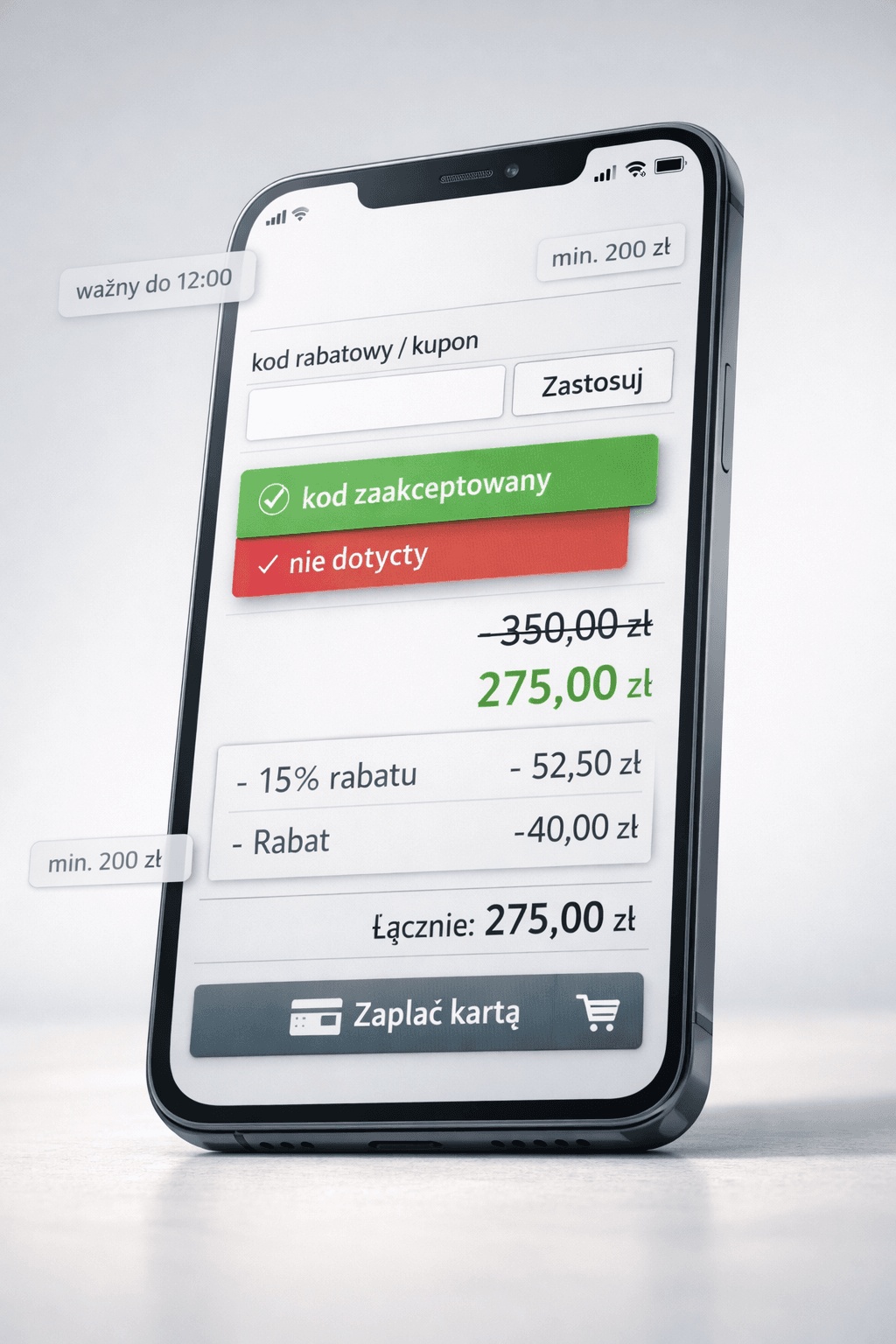 Smartfon z ekranem płatności e-commerce i polem kodu rabatowego, pokazujący jak działają kody rabatowe
